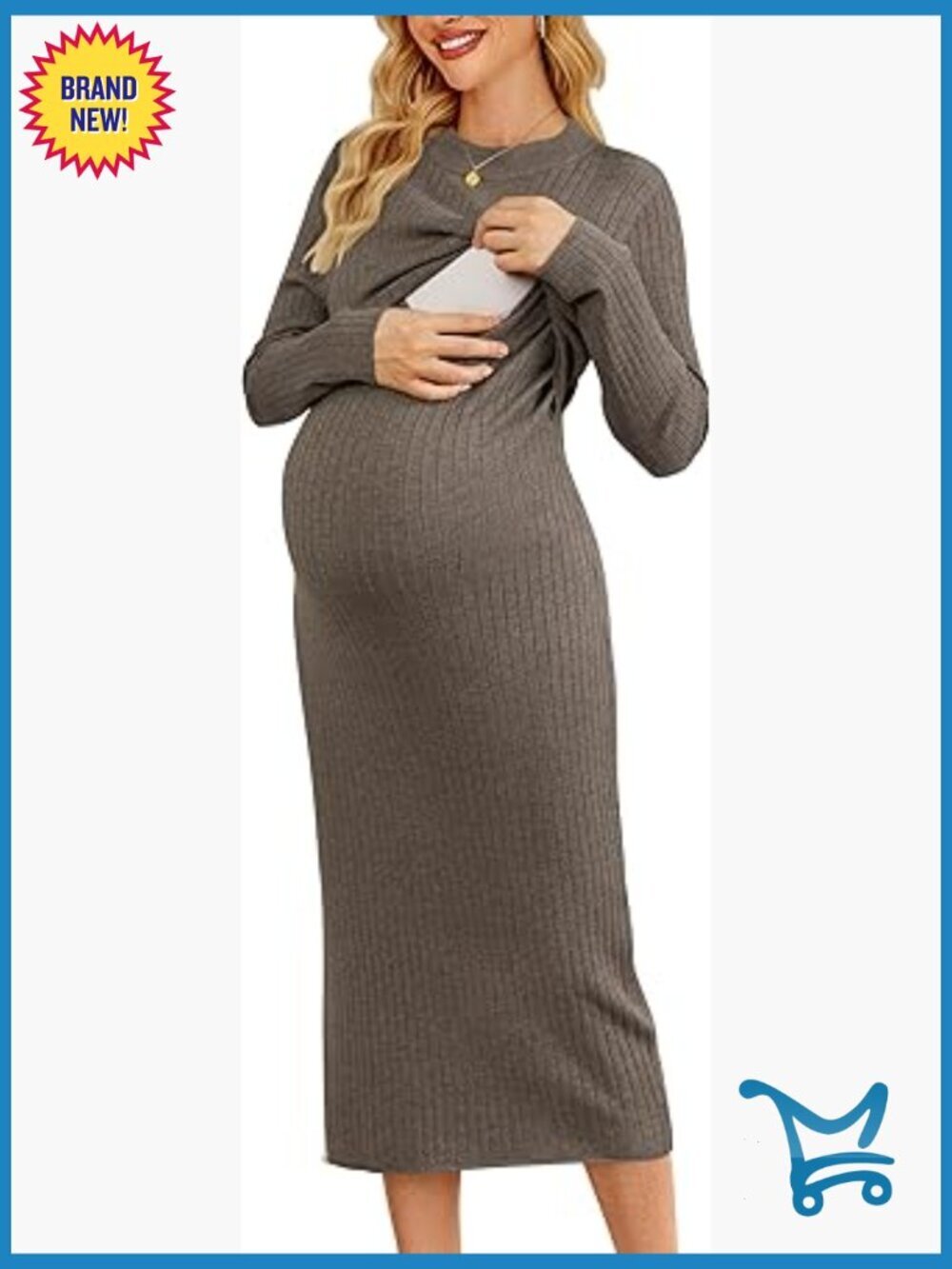 Maternity Nursing Sweater Dress Long Sleeve Crew Neck Ribbed Knit Midi Fall